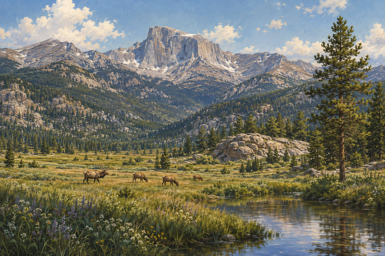Commissioned illustration of elk in an Estes Park mountain meadow
