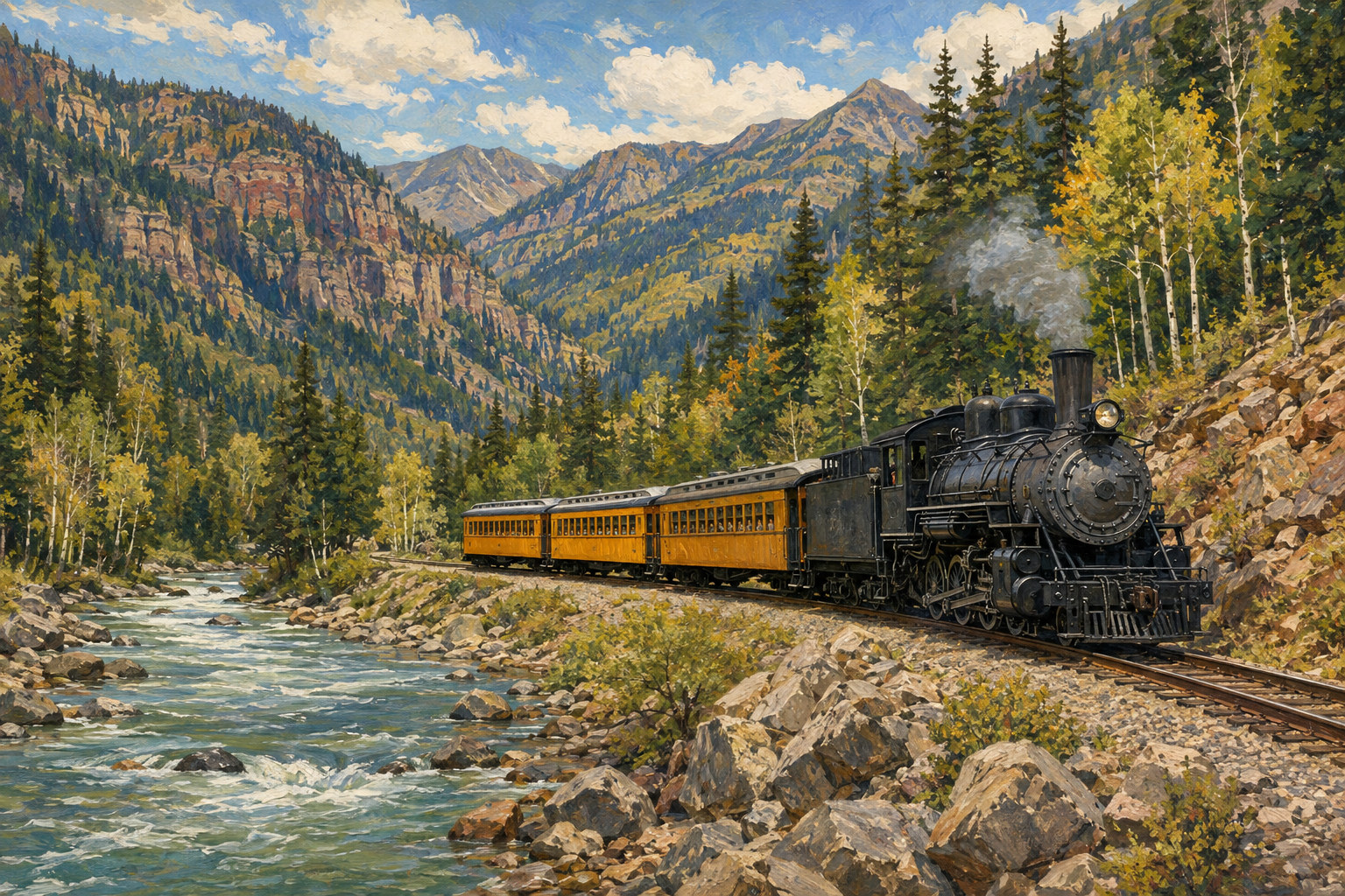 Commissioned illustration of Colorado mountain scenery and a heritage train
