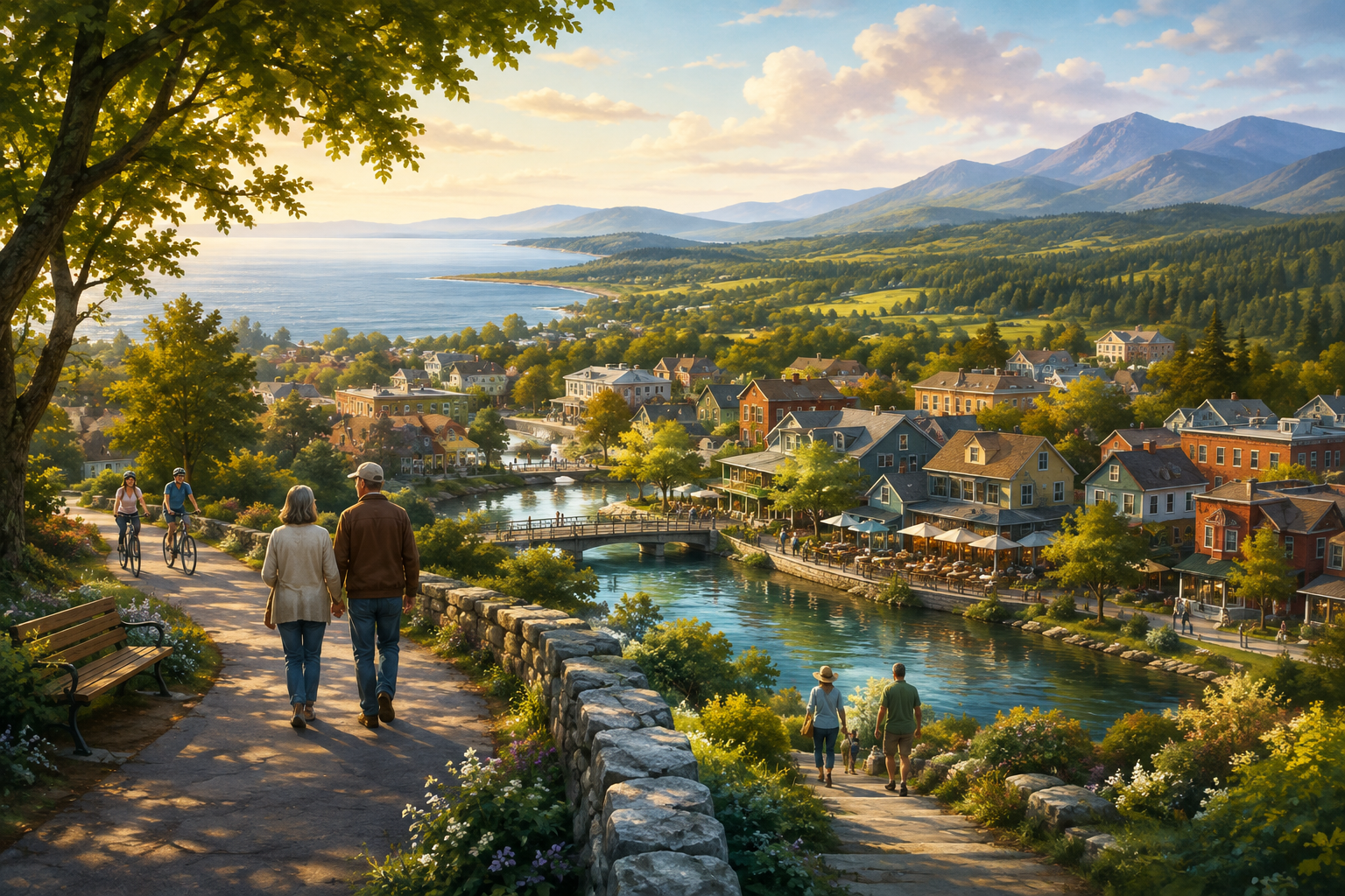 Conceptual illustration of a riverside town, welcoming homes and paths into a green landscape