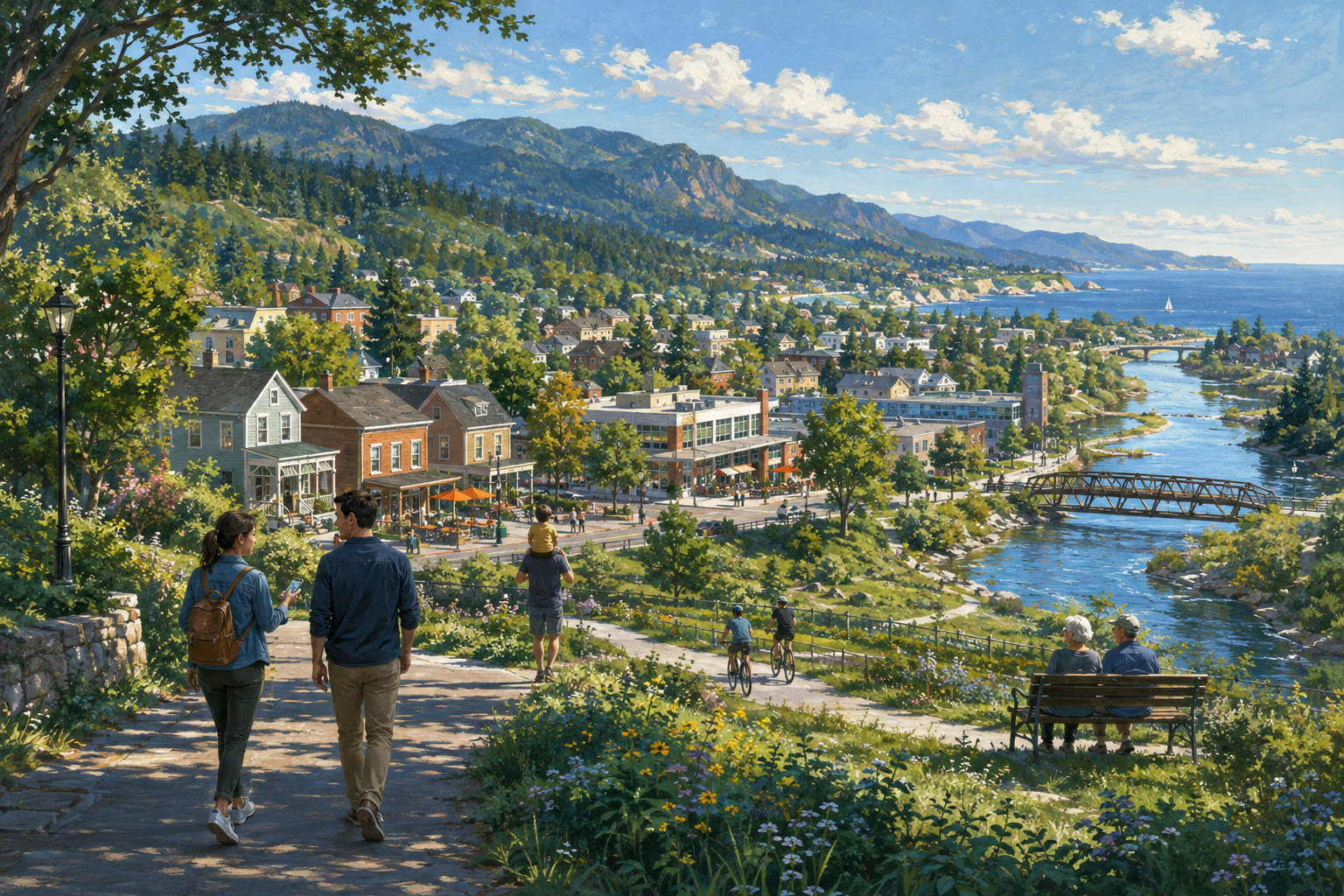 Original conceptual illustration of an imagined American town seen from an overlook: people walking, cyclists, an older couple on a bench, a river, foothills and the sea