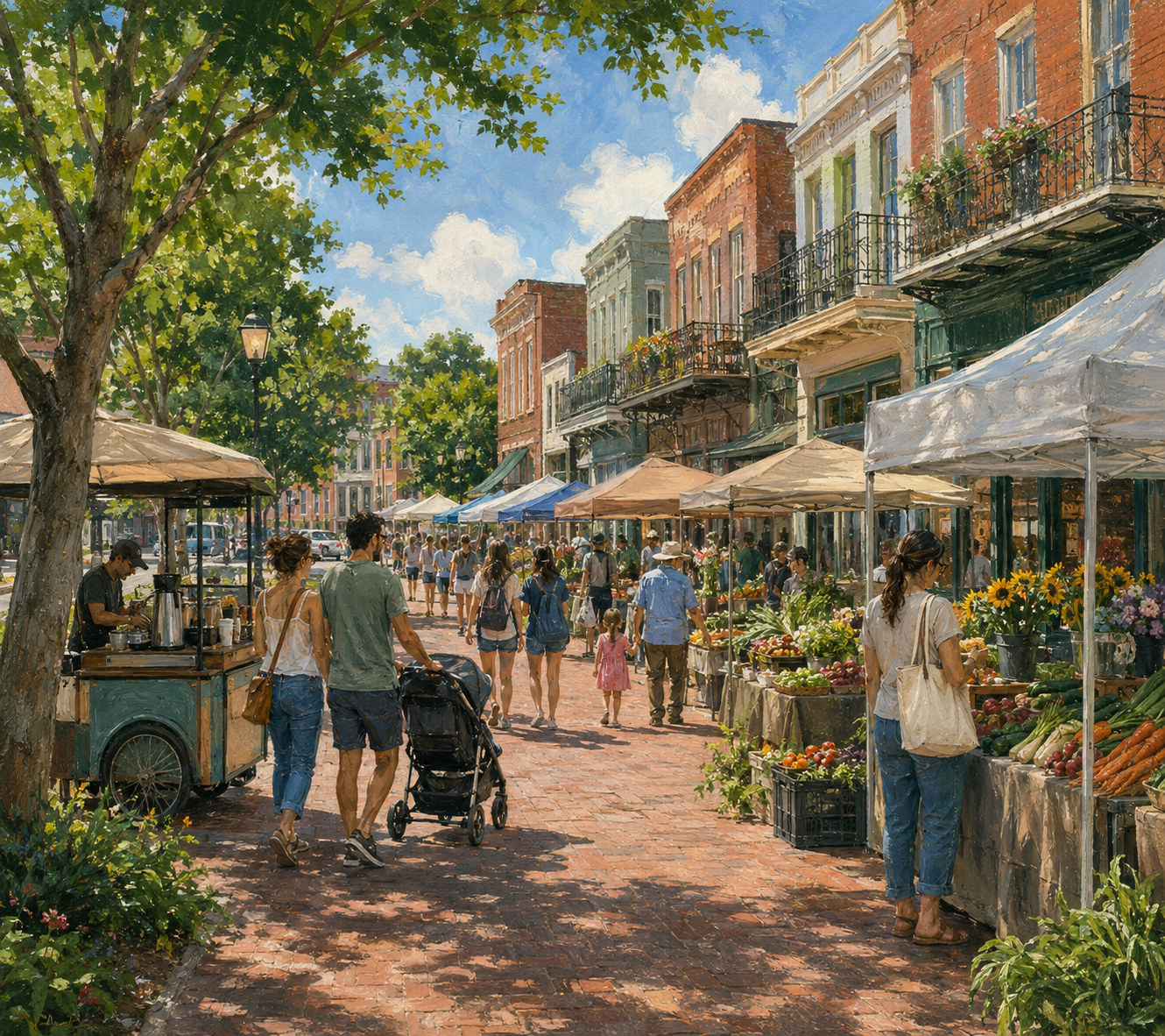 Original conceptual illustration of a Saturday farmers market on a brick street, with families, stalls and red-brick buildings