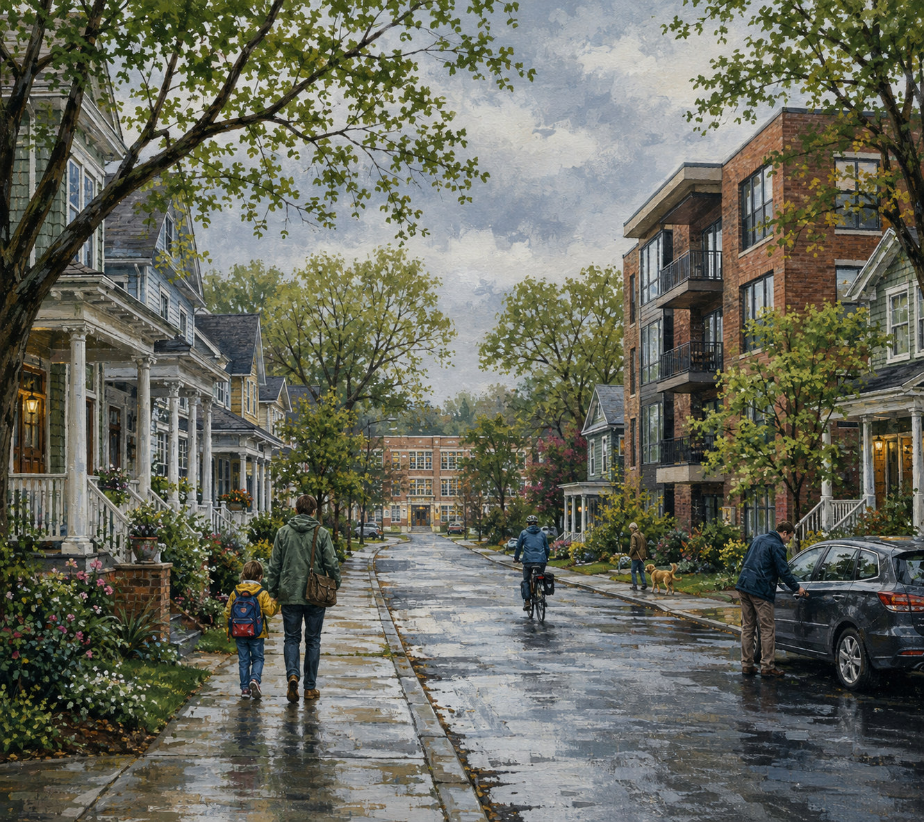 Original conceptual illustration of an overcast weekday morning: a school run on damp pavement past porches and a brick apartment building